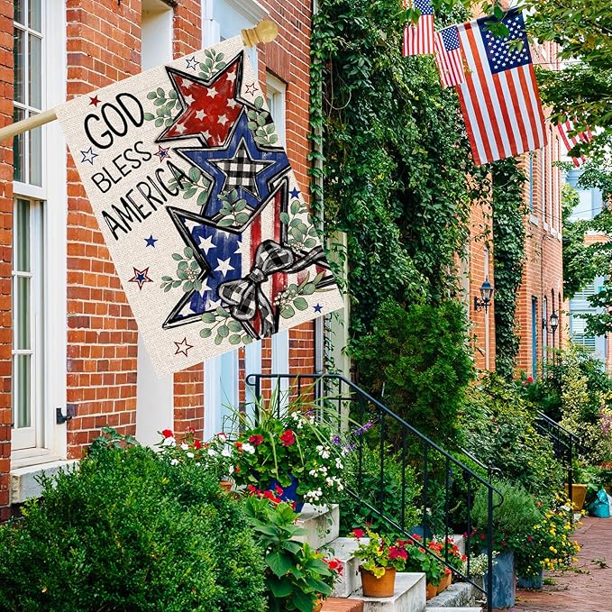 4th of July House Flag 28x40 Inch Double Sided Outside God Bless America Patriotic Stars Eucalyptus Memorial Day Independence Day Holiday Outdoor Yard Decoration