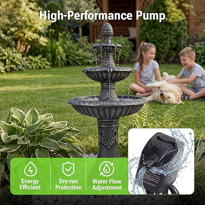 52-Inch Outdoor Water Fountain, 3-Tier Large Italian Faux Stone Resin Waterfall Fountain with 2 LED Lights, Large Bird Bath Basin Water Feature for Garden, Patio, Backyard, Deck, Lawn in Black