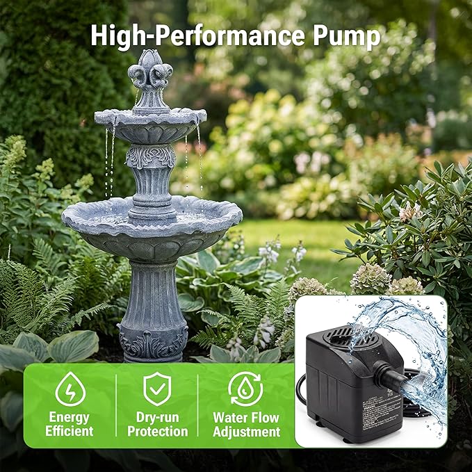 50-Inch Outdoor Water Fountain, 2-Tier Large Italian Cascading Resin Waterfall Fountain, Classic European Pedestal, Floor-Standing Water Feature for Garden, Patio, Backyard, Deck, Lawn in Gray