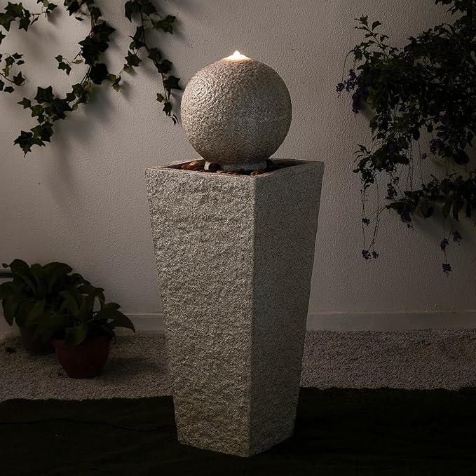 Glitzhome Outdoor Water Fountain, 40.25" H Modern Geometric Pedestal and Sphere Waterfall Fountain, Outdoor Fountain with Pebbles, Pump and LED Light, Garden Fountain for Patio, Backyard, Porch Decor