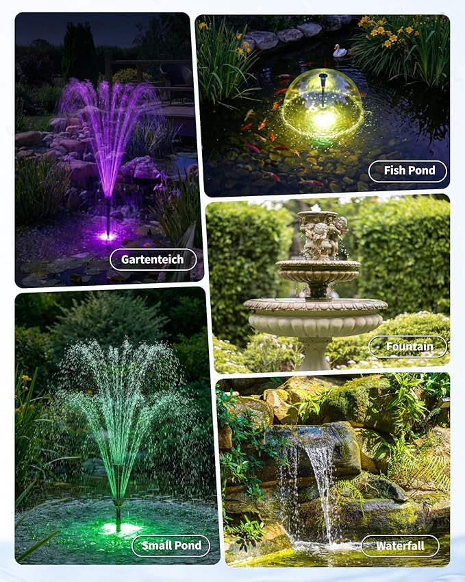POPOSOAP Pond Fountain with LED Lights, 660GPH Submersible Pump RGB Pond Filter System with Adjustable Height & Water Flow for Garden Pond Fish Tank Day & Night Pond Decoration -P1104D