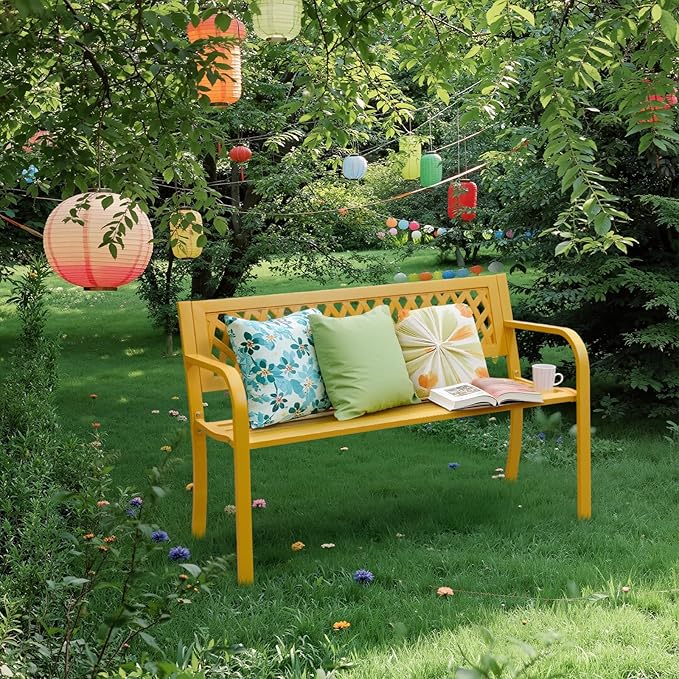 47" Outdoor Garden Bench, Patio Metal Frame Park Bench with Mesh Pattern Backrest for Porch, Lawn, Deck
