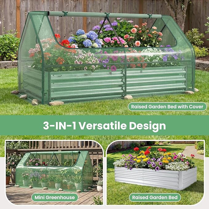 HAPPYGRILL Raised Garden Bed with Cover, Outdoor Planter Raised Bed w/2 Large Zipper Mesh Screen Windows, Galvanized Metal Planter Box for Gardening, Flowers, Vegetables (Green & Silver)