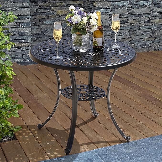 NUU GARDEN 31 Inch Patio Dining Table, Cast Aluminum Patio Table with Umbrella Hole, Round Outdoor Bistro Table for Backyard, Garden, Porch, Black with Antique Bronze Edging