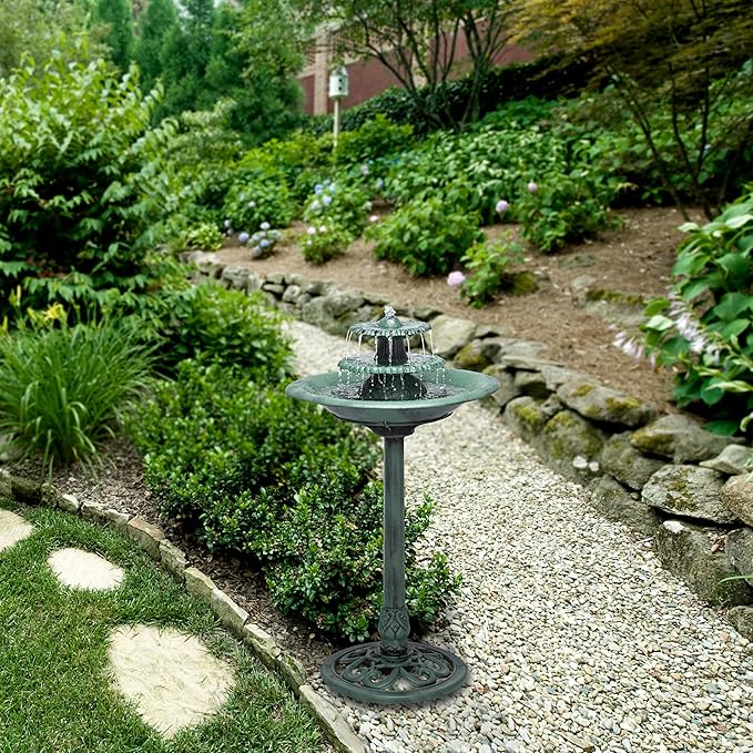 Alpine Corporation 35" Tall 3-Tier Outdoor Pedestal Water Fountain – Durable Resin Cascading Water Feature and Birdbath for Garden, Patio, Deck, and Backyard, Green