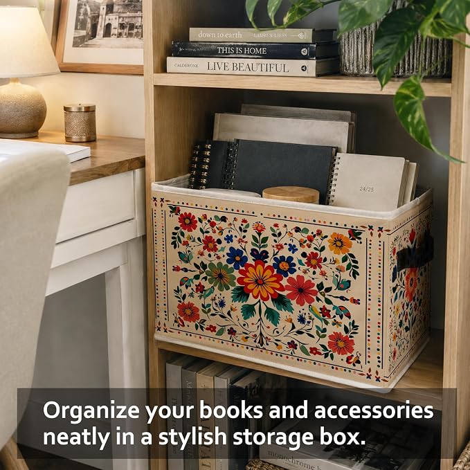 Boho Vintage Floral Storage Bins Box, Colorful Folk Art Flower Botanical Collapsible Storage Basket Clothes Toys Books Organizer for Bedroom Laundry Room Home Decor