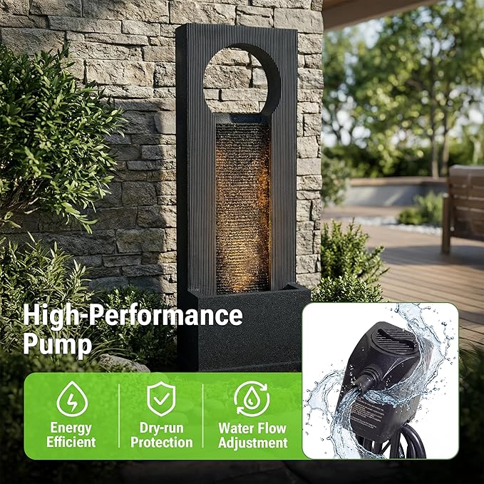 40-Inch Outdoor Water Fountain, Modern Indoor & Outdoor Freestanding Resin Waterfall Fountain with LED Strips, Water Feature for Garden, Patio, Porch, Deck, Backyard in Gray, Home Art Decor