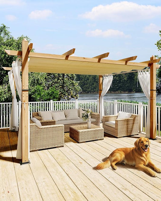 KYBOLT 10x13 Ft Outdoor Pergola with Retractable Canopy Aluminum Gazebo Imitation Wood-Grain Post with Side Mesh Screen Pavilion for Backyard Deck(Beige+White)