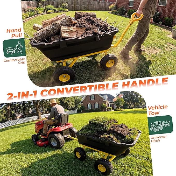 Sekey 1000lbs Garden Dump Cart for Seniors, Capacity Yard Wagon with Rubber Tires, Quick-Release Dumping & Easy-Maneuver Handle for Soil, Rocks, and Firewood, Black