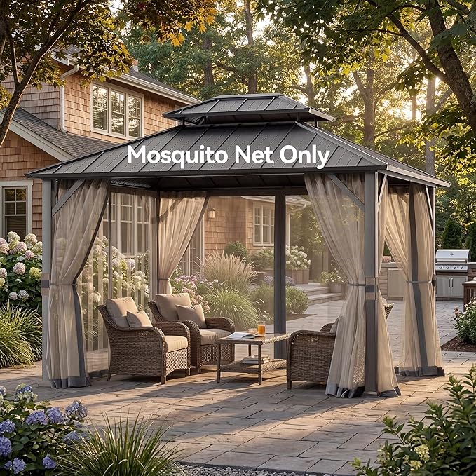 Covered Outdoor Universal Gazebo Mosquito Netting Replacement - 10' x 12' 4-Panel Screen Walls with Double Zipper for Outdoor Patio Canopy Garden Gazebos, Slate Gray and Beige