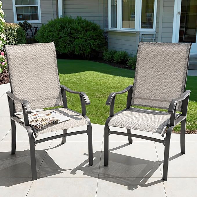 NUU GARDEN Patio Dining Chairs Set of 2, Outdoor Dining Chair with Powder-Coated Frame, All Weather Metal Dining Chairs with Textilene High Back and Wider Seat for Backyard, Deck, Balcony, Beige