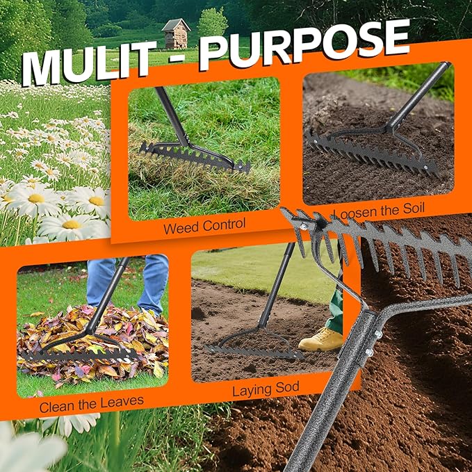 Bow Rake, 49" Adjustable Long Handle Lawn Leveling Garden Rake with 17 Tines, Garden Tool with Heavy Duty Metal for Looseing Soil, Weede Control