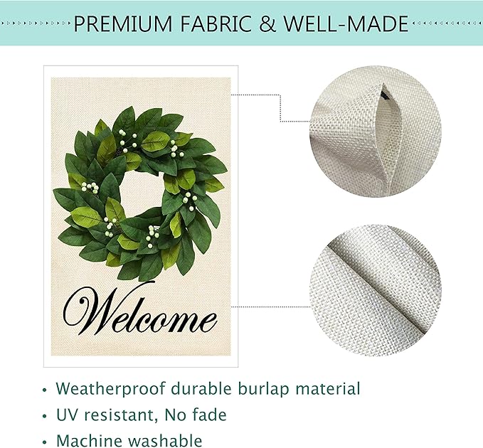 Baccessor Wreath Spring Garden Flag Magnolia Leaves Welcome Small Yard Flag 12.5 X 18 Inch Double Sided Burlap Summer Flag for Outside Decor