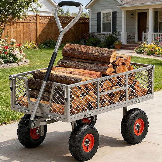 Autodaya Heavy Duty 900 lbs Capacity Garden Cart Wagon with 10" Pneumatic Tires & Removable Mesh Sides - 180° Rotating Handle, 4 Cu.Ft Utility Wagon for Yard, Garden, Hauling, All Terrain Outdoor Use