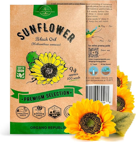 Organo Republic Sunflower Black Oil Seeds Pack 9G - Over 100 of Non-GMO Heirloom Sunflower Seeds for Planting Vegetables in Individual Seed Packet, Vegetable Seeds for Planting Indoor & Outdoor Garden