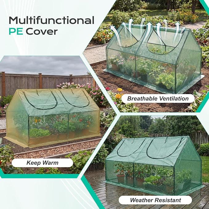 BPS 4x2x2 ft Mini Greenhouse with Green PE Cover UV-Protected Roll-Up Zipper Windows, Ideal for Indoor or Outdoor Use on Raised Garden Beds