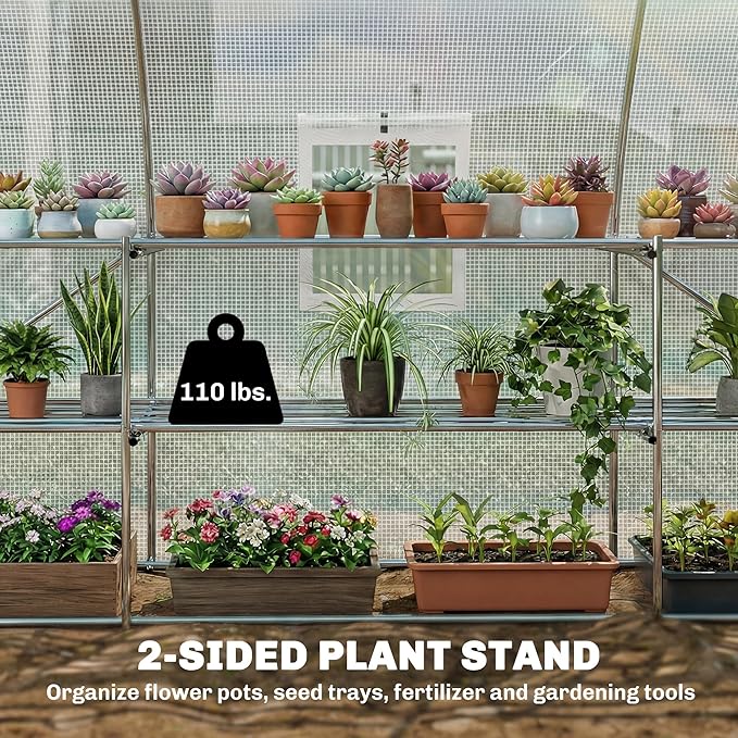Outsunny 10'x11'x6' Walk-in Tunnel Greenhouse with Shelves, Mesh Door and Windows, Hoop House Greenhouse with PE Cover, Outdoor Green House for Patio Lawn Garden, White
