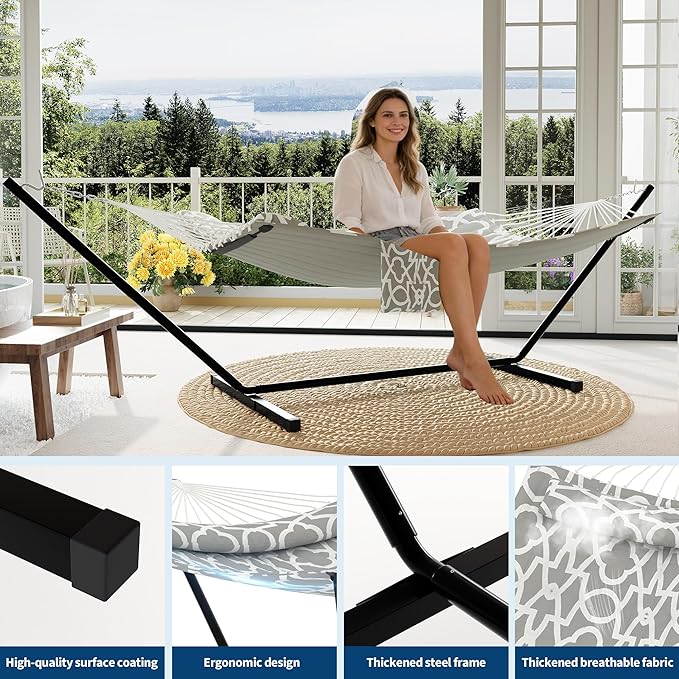 Garvee﻿ 2 Person Hammock with Stand for Outside, Double Hammock with Stand and Pillow, Max 450 Lbs Capacity with Balance Rope, Large Hammock for Outdoor Patio Backyard Poolside