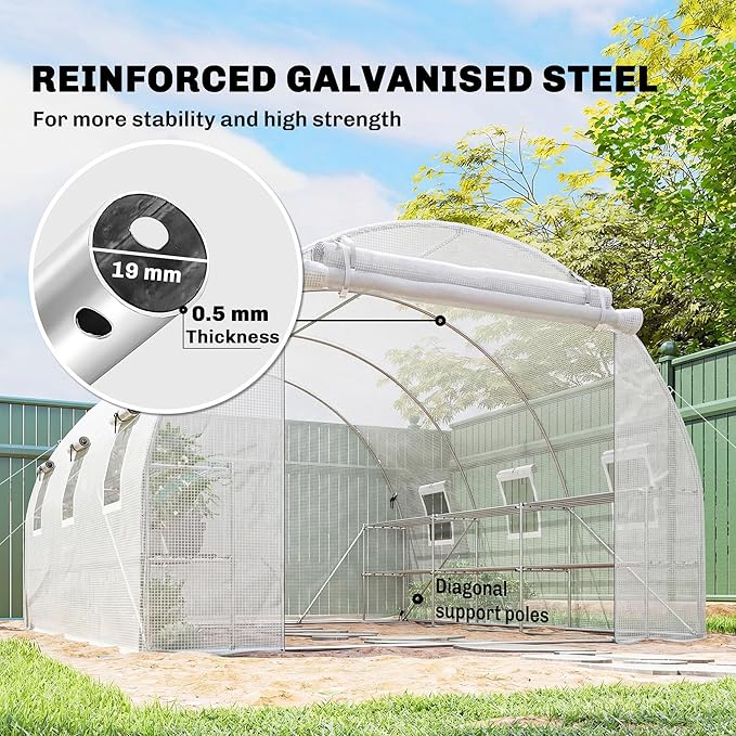 Outsunny 10'x11'x6' Walk-in Tunnel Greenhouse with Shelves, Mesh Door and Windows, Hoop House Greenhouse with PE Cover, Outdoor Green House for Patio Lawn Garden, White