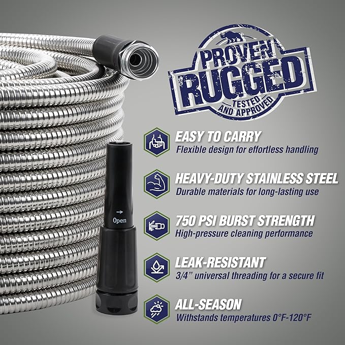 RUGGED RHINO Metal Garden Hose with Spray Nozzle, 75FT, 304 Stainless Steel, 750 PSI Burst Strength, Heavy Duty Flexible Water Hose, Kink Resistant, Leakproof for Yard, Lawn and Outdoor Use, Black