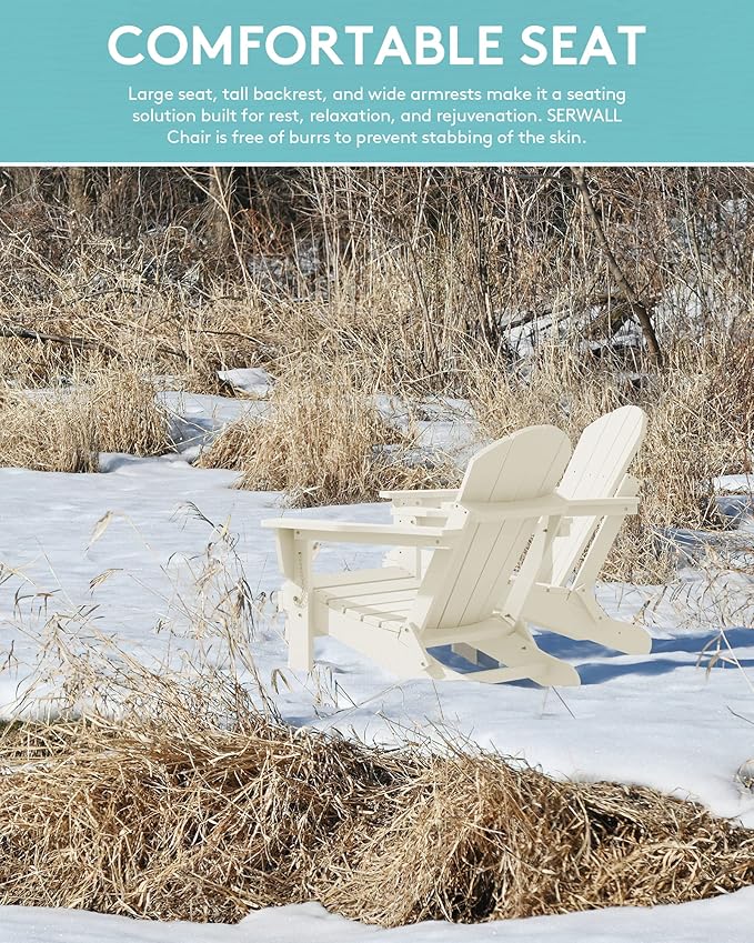 SERWALL Folding Adirondack Chair Set of 6 - Folding Adirondack Chairs with Cup Holder, HIPS Outdoor Chairs Weather Resistant Fire Pit Chairs- White