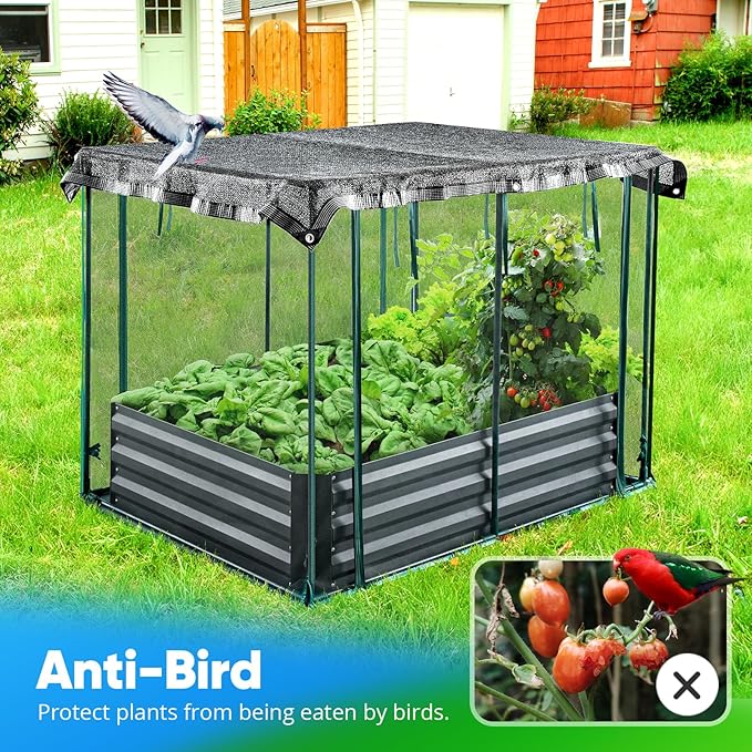 Quictent Galvanized Raised Garden Bed with Crop Cage Plant Protection Net Tent and Shade Cloth Kit Metal Planter Box Bottomless Planting Vegetables Outdoor Backyard Included T Tags Wing Nuts 4x3x1 Ft