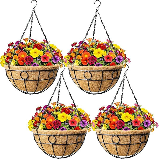 4 Pack 12" Round Metal Hanging Basket for Outdoor Plants Durable Large Hanging Planter with Coco Coir Round Plant Holders Planter for Outside Garden Decoration (Circular)