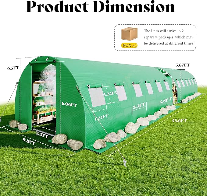 AMERLIFE 44×10 FT Large Walk-in Tunnel Greenhouse with Watering System, Heavy Duty Greenhouse with 4 Support Poles & 4 Doors, Outdoor Greenhouse with Mesh Windows, UV-Proof PE Cover, Green