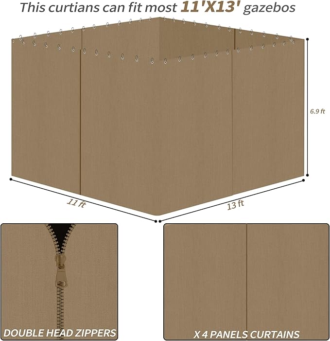 Gazebo Privacy Curtains 11' x 13' with Zipper 4-Panels Side Wall Universal Replacement for Patio, Outdoor Canopy, Garden and Backyard (Curtain Only)