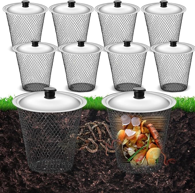 MorningRo 8 Pcs Inground Worm Composter with Lids 8.1 x 8.1 x 5.9 Inch Farm Worm Compost Bin Outdoor for Recycling Kitchen Food Waste to Raised Garden Beds