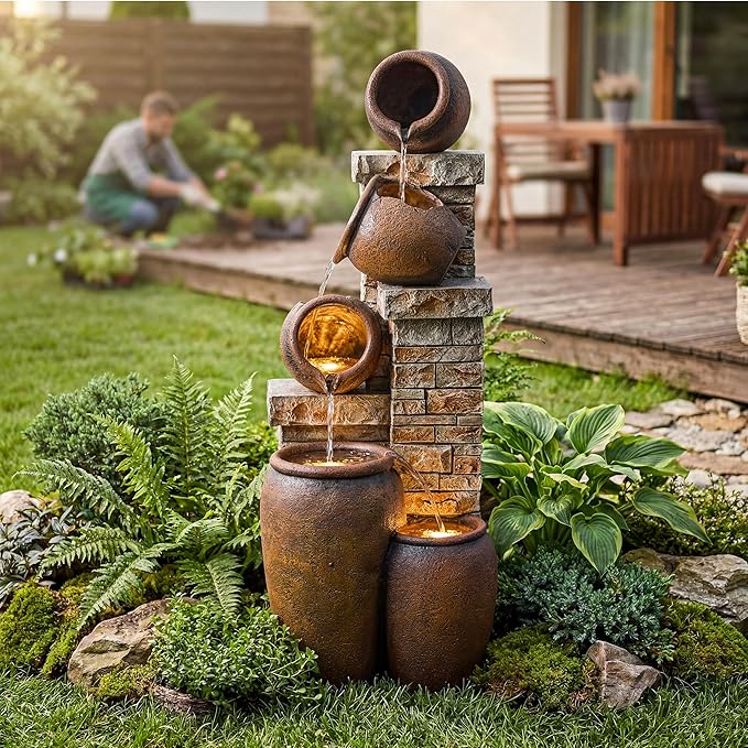 44-Inch Outdoor Water Fountain, 5-Tier Floor Standing Cascading Jars and Stacked Stones Resin Waterfall Fountain with 4 LED Lights, Home Decor for Garden, Patio, Yard, Farmhouse or Deck in Brown