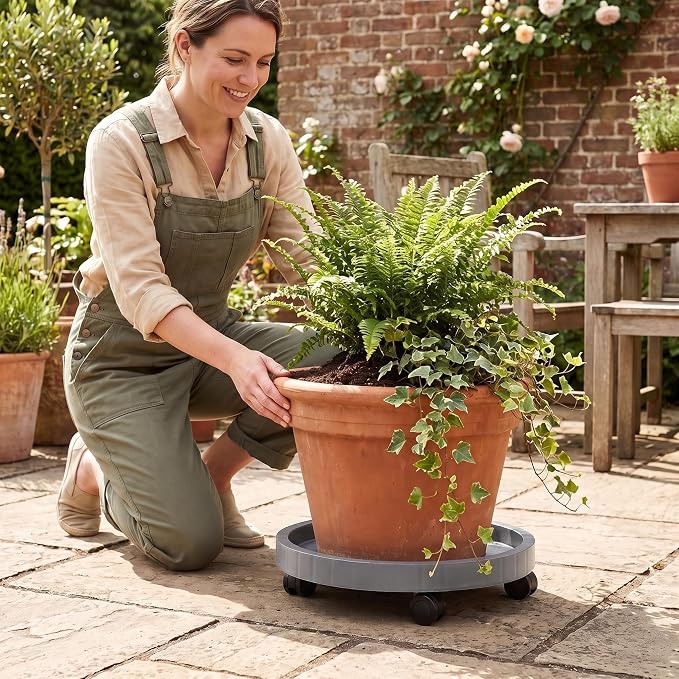 WanderingDonkey 17.52” Outdoor Plant Caddy with Wheels - Heavy Duty Rolling Planter Stand for Patio, Garden, Deck & Outdoor Living Spaces