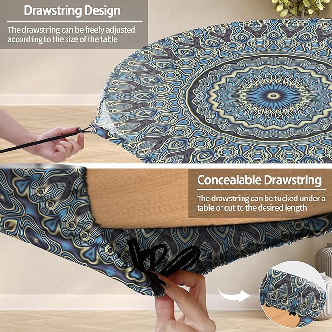 Drawstring Fitted Round Tablecloth for 45-54" Tables Outside Rustic Polyester Weather Proof Table Clothes Aesthetic Western Home Decoration Car Traveling Necessities Birthday Parties Finds