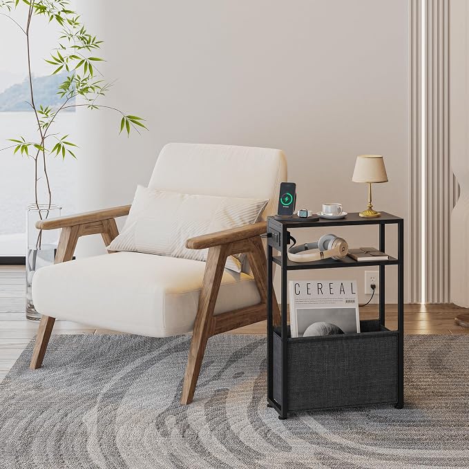 Leomonio Narrow Side Table with Charging Station, Slim End Tables with Linen Basket, Skinny Table for Small Spaces, Thin Bedside Table for Living Room, Bedroom
