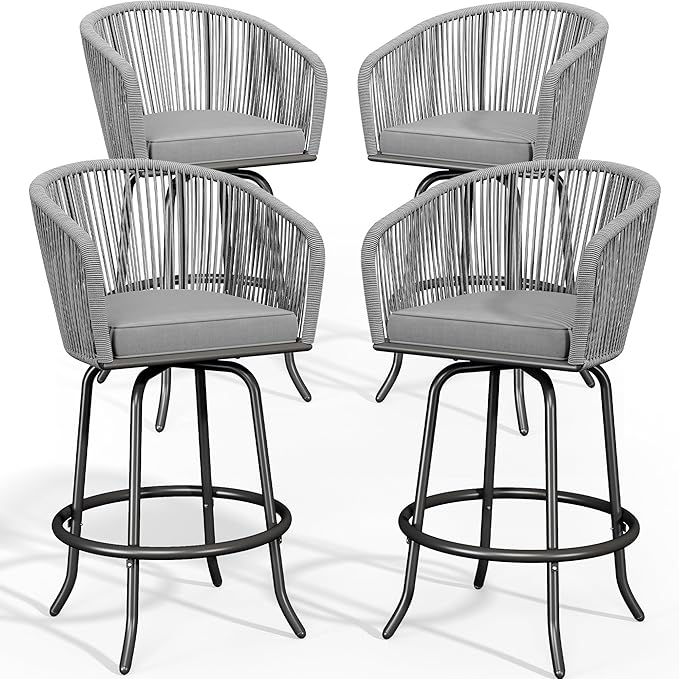 YITAHOME Counter Height Bar Stools Set of 4, Outdoor Bar Stools with Soft Cushions, Patio Rattan Swivel Bar Chairs for Backyard Poolside, Garden w /360 Rotation (Gray)