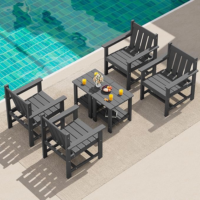 SEWRWALL 3 Pieces Patio Bistro Set, All Weather Adirondack Chair Set with Side Table, HDPE Material Outdoor Patio Furniture Set for Balcony, Porch, Garden, Backyard- Gray