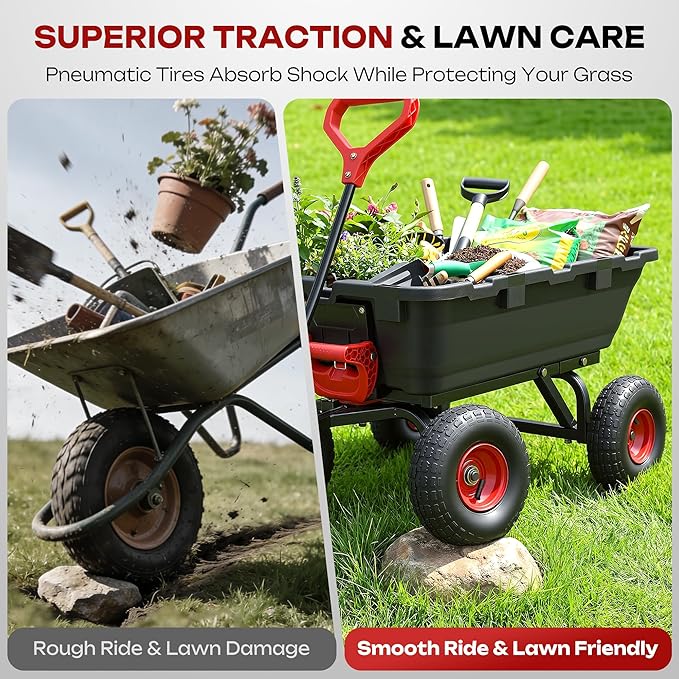 Autodaya 900LB Garden Dump Cart, 2026 Upgraded Heavy Duty Wheelbarrow Cart with 10" Non-Slip Pneumatic Tires & Quick-Release System, 4-Wheel Steel Frame Wagon for Transportation in Yard, Farm, Garden