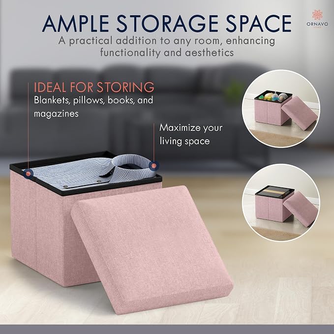 Ornavo Home Small Square Storage Ottoman, Set of 2, 12x12x12, Pink | Foldable Collapsible Linen Cube Design; Foot Rest Stool Seat; Ideal for Living Room, Bedroom, Home Office or Dorm