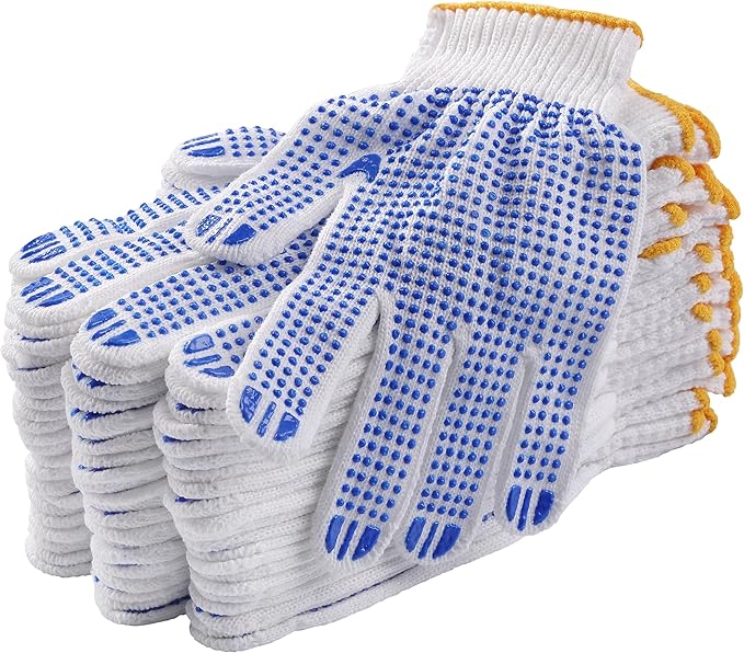 COOHORN 12Pairs Grip Safety Work Gloves Anti-slip Dots Bulk Gloves Moist Cotton Knit Gloves for Garage Warehouse Construction
