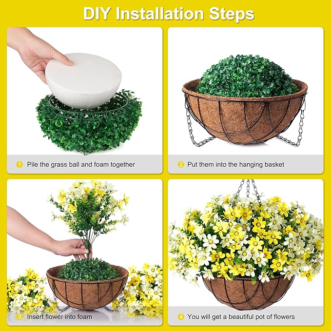 INXUGAO Artificial Flowers with Hanging Planter for Outdoor Decor, Faux Silk Daisy UV Resistant Plants in Basket for Indoor Porch Garden Yard Spring Summer Decor(Yellow)