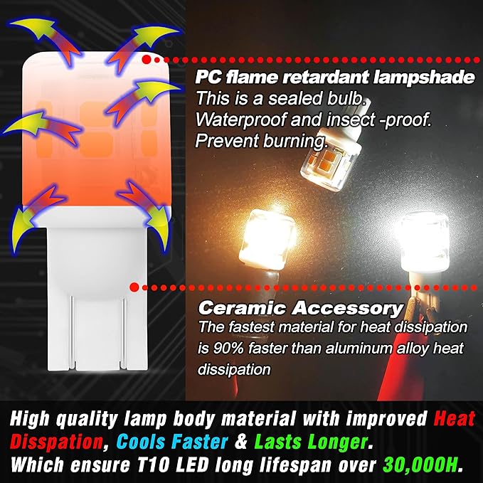 12V T5 T10 Wedge Base LED Bulbs 2 Watt Replace 11W 18W Incandecent Bulbs 300lm 6000K Daylight White 194 921 LED Bulb for RV Camper Marine Boat Ceiling Dome Landscape Stair Step Path Lights, 10 Pack