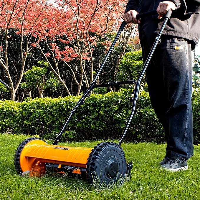 Walensee Push Reel Lawn Mower, 16-Inch 5-Blade Cordless Manual Reel Lawn Mower, Walk-Behind Steel Lawn Mower with 4-Position Cutting Height Adjustment & Sponge Grip