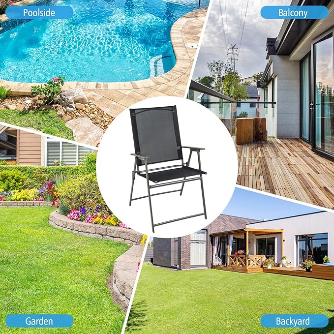 Tangkula Set of 2 Patio Folding Chairs, High Back Dining Chairs with Weather-Resistant Fabric, No Assembly, Outdoor Portable Metal Lawn Chairs with Armrests & Footrest for Garden