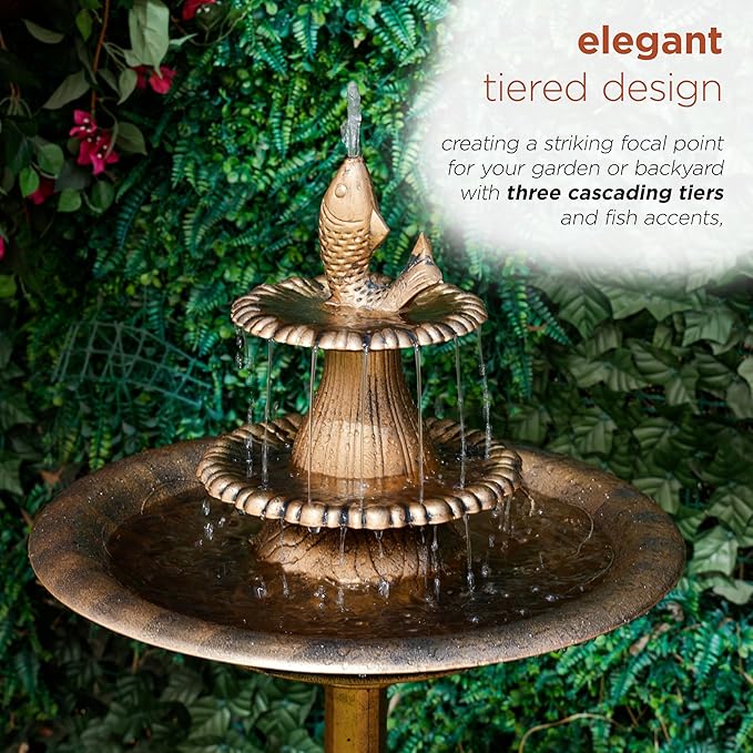 Alpine Corporation 40" Tiered Pedestal Fish Fountain Birdbath, Cascading Outdoor Water Feature for Garden, and Backyard Décor, Gold