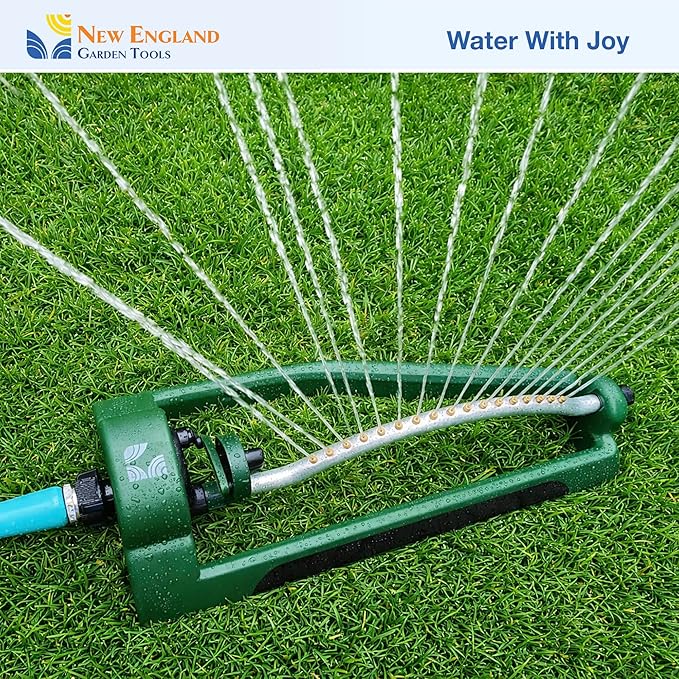 Oscillating Sprinkler 100006, Adjustable Pattern to Cover Up to 2,695 Square Feet, 17 Brass Nozzles on Metal Tube for Even Lawn Watering, by New England Garden Tools