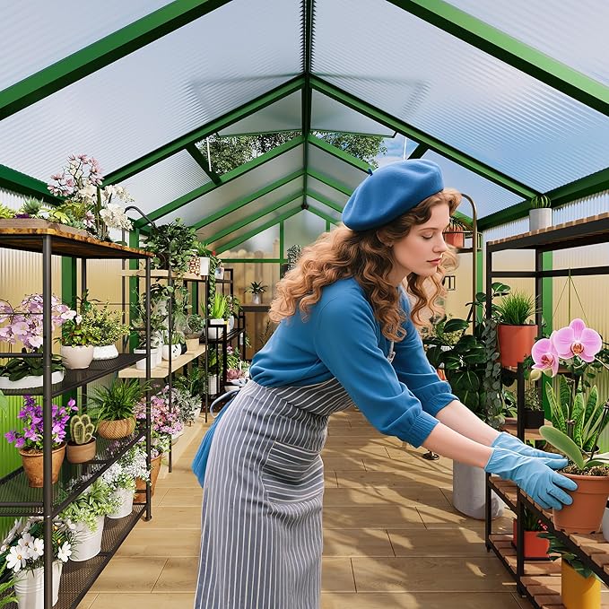 8x10 ft Greenhouse for Outdoors, Polycarbonate Greenhouse with Roof Vent, Ground Nails, Lockable Push Door, Aluminum Large Walk-in Green House for Outside Garden Backyard, Patio, Lawn, Green