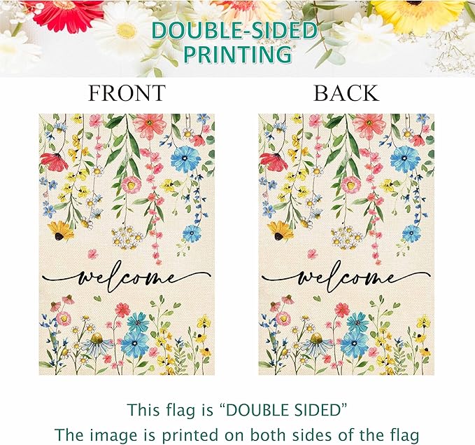 Baccessor Spring Welcome Floral Garden Flag 12.5x18 Inch Double Sided Summer Flower Yard Flag Outside Outdoor Seasonal Burlap Funny Flowers Flags Home Patio Decoration