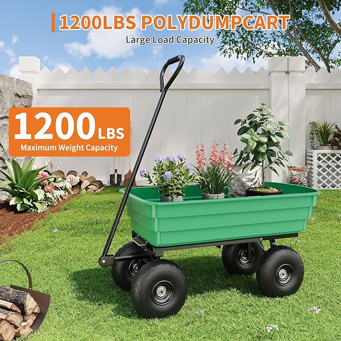 Garden Dump Cart, 1200 Lb Capacity Heavy Duty Utility Cart, Wheelbarrow with 180° Pivot Handle for Yard, Farm, Lawn & Gardening(Black+Green)