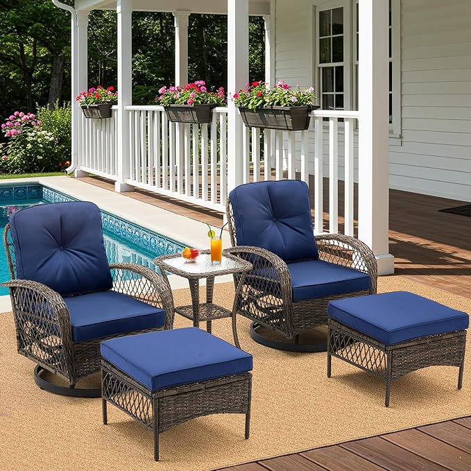 MELLCOM 5 Pieces Patio Furniture Set, Outdoor Swivel Rocker Patio Chairs with Ottomans, Wicker Conversation Set with Rocking Chairs and Glass Coffee Table for Backyard, Navy Blue