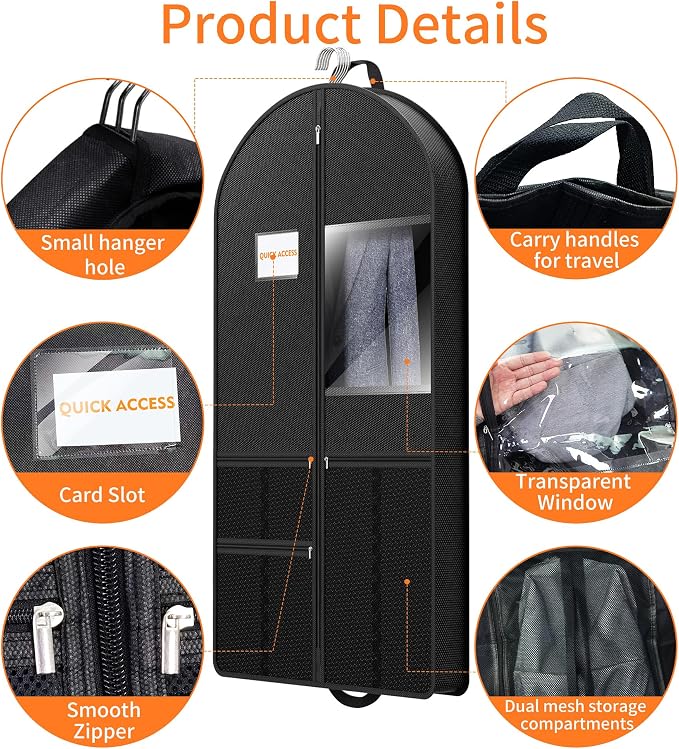 Garment Bag Travel Suit Storage: 54 Inch 3 Packs Fabric Breathable Zippered - Clothes Covers Carry Shoe Pockets Lightweight - Men Travel Wardrobe Protector Hanging Up Multiple